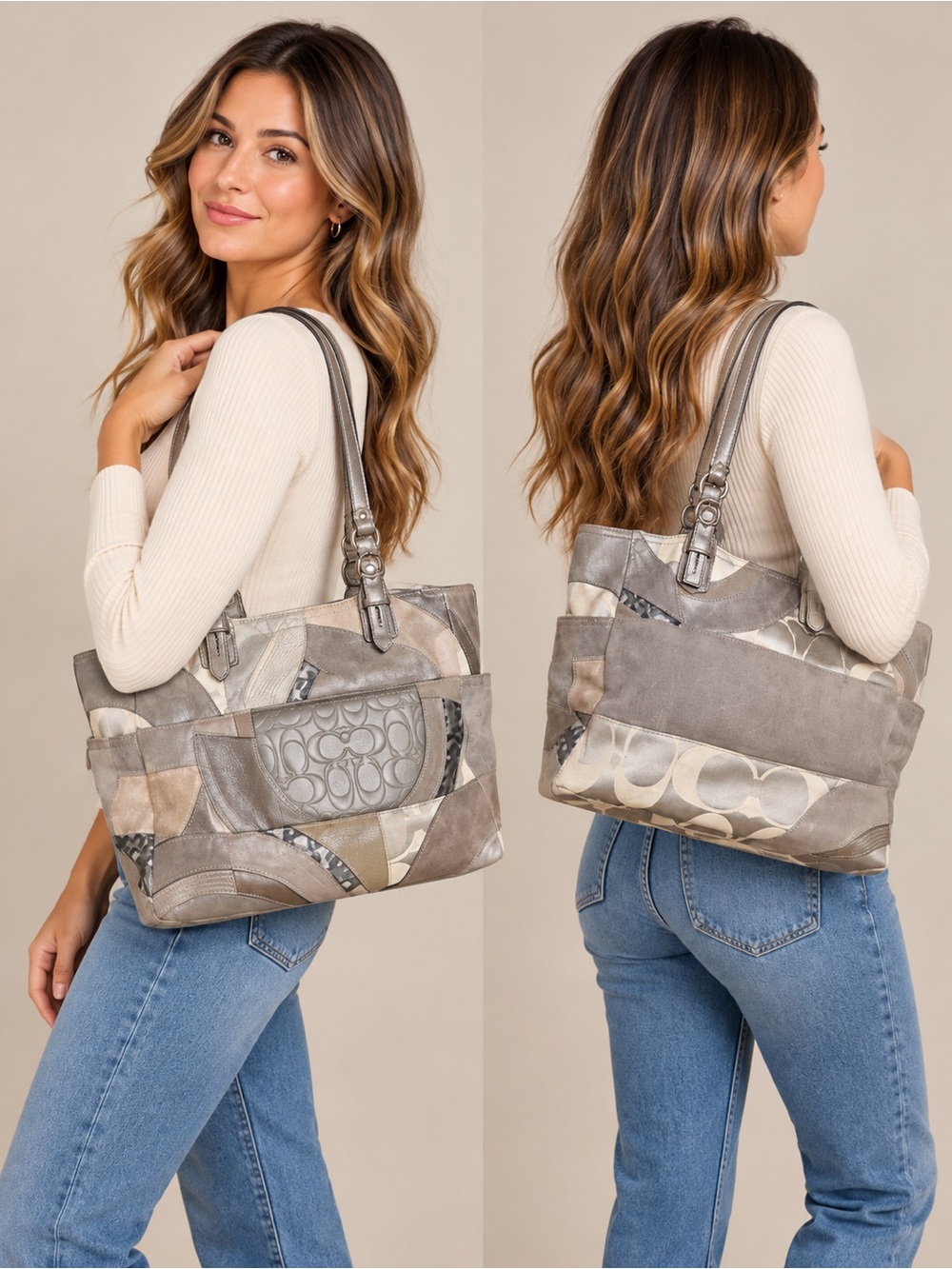 Coach Y2K Patchwork Suede Leather Signature Tote Bag